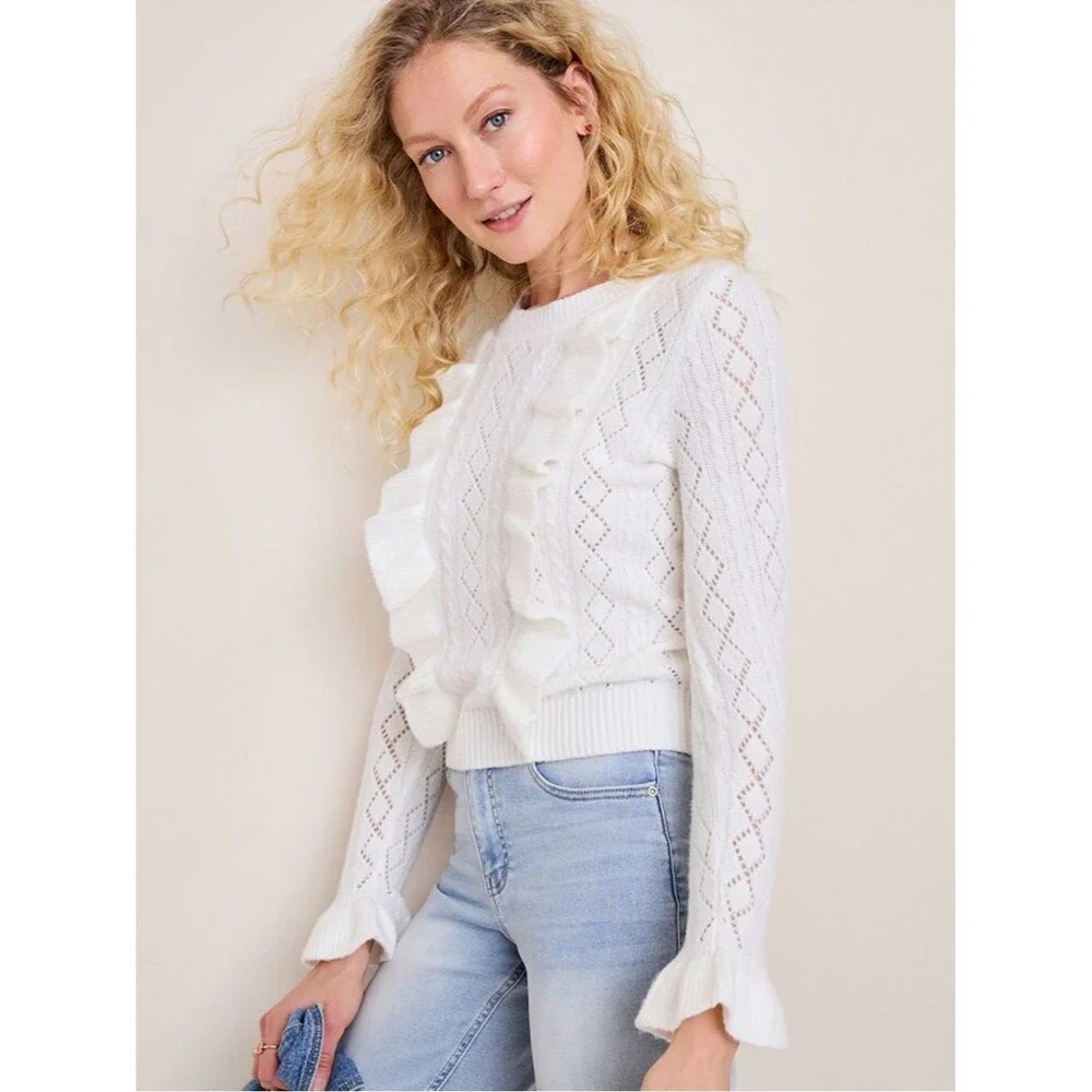 Francesca's Lorain Ruffled Pointelle Sweater Size Large Ivory Cozy Flounce Cuff